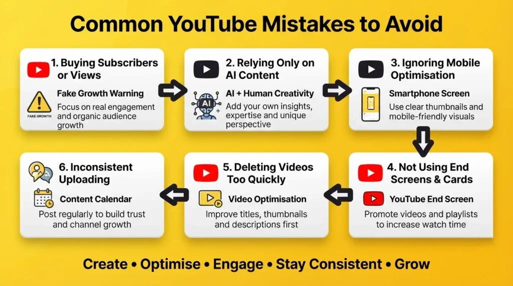 Common YouTube mistakes to avoid, including buying subscribers, relying only on AI, poor mobile optimization, inconsistent uploads, and weak video optimization.