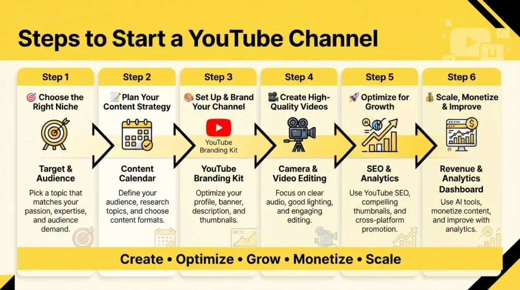 Step-by-step guide to starting a YouTube channel, from choosing a niche and planning content to branding, video creation, SEO, monetization, and growth.