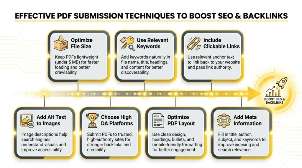 effective PDF submission techniques to boost SEO and backlinks, including file size optimization, keywords, links, metadata, layout, and alt text.