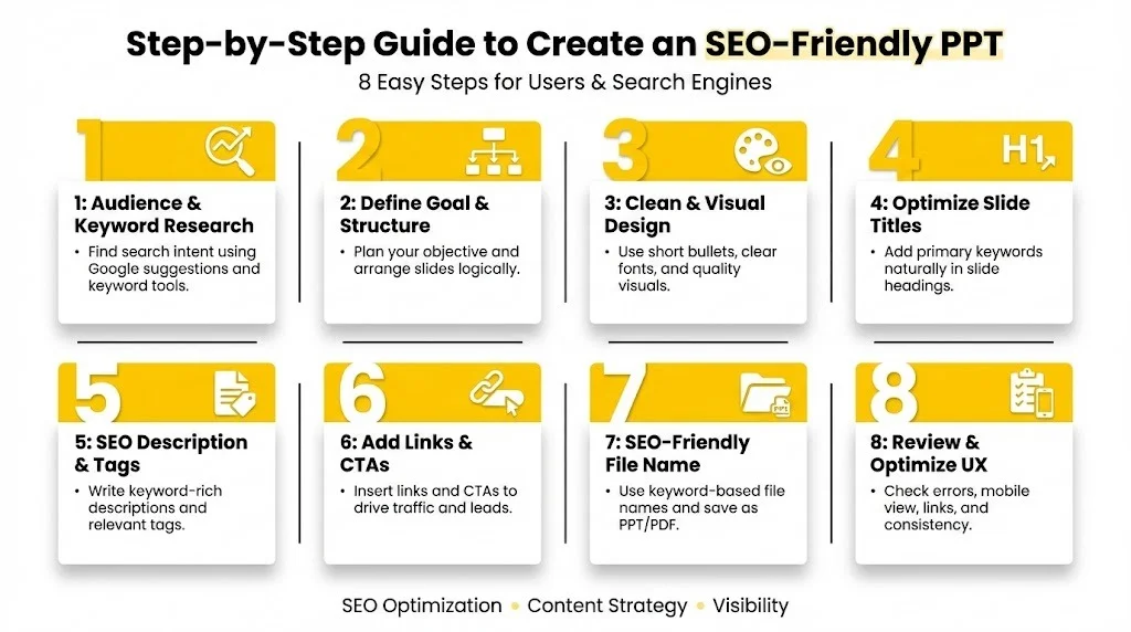 how to create an SEO-friendly PPT, covering keyword research, goal setting, clean design, optimized slide titles, SEO descriptions, links, file naming, and user experience optimization.