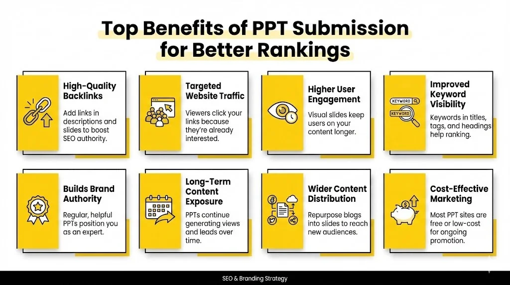 top benefits of PPT submission including high-quality backlinks, targeted website traffic, higher user engagement, improved keyword visibility, brand authority, long-term exposure, wider distribution, and cost-effective marketing.