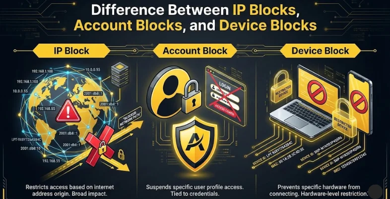 why a website blocks access, comparing IP block, account block, and device block, with icons and bullet points showing causes like IP address issues, user identity violations, and device fingerprint tracking.