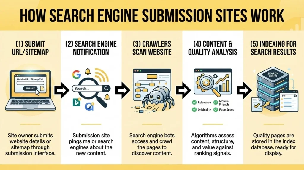 how search engine submission sites work, from submitting URL or sitemap to search engine notification, crawling by bots, content and quality analysis, and final indexing for search results.