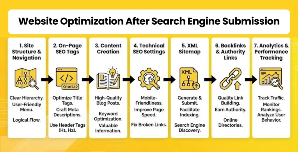 website optimization after search engine submission, covering site structure, on-page SEO tags, content creation, technical SEO settings, XML sitemap submission, backlink building, and analytics performance tracking.