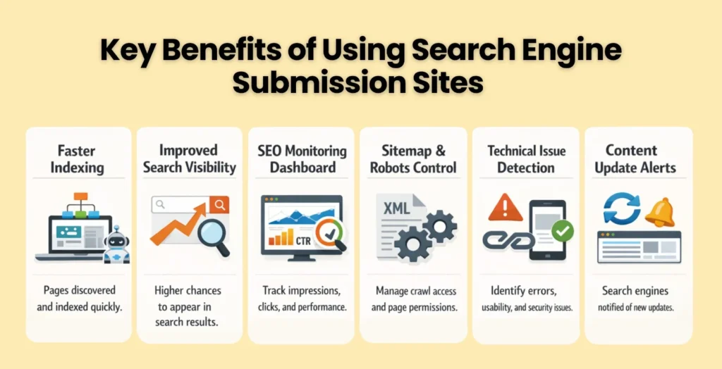 key benefits of using search engine submission sites, including faster indexing, improved search visibility, SEO monitoring dashboard, sitemap and robots control, technical issue detection, and content update alerts.