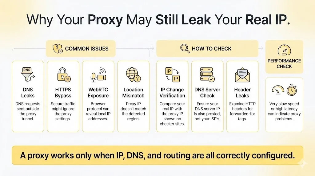 Why Your Proxy May Still Leak Your Real IP,” showing common issues like DNS leaks, HTTPS bypass, WebRTC exposure, location mismatch, plus steps to check IP, DNS, headers, and performance.