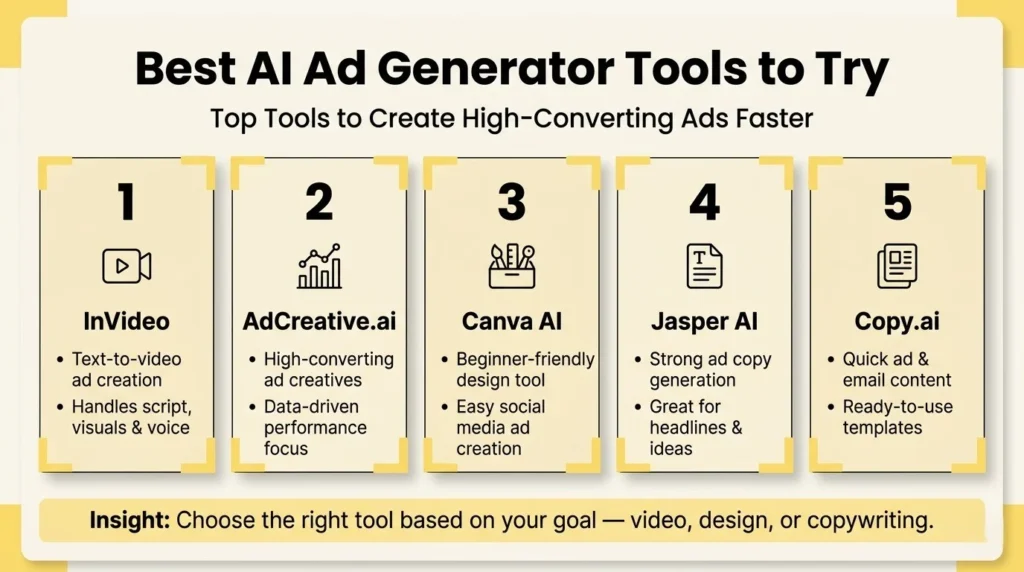 top AI ad generator tools like InVideo, AdCreative.ai, Canva AI, Jasper AI, and Copy.ai with features for video creation, ad design, and copywriting