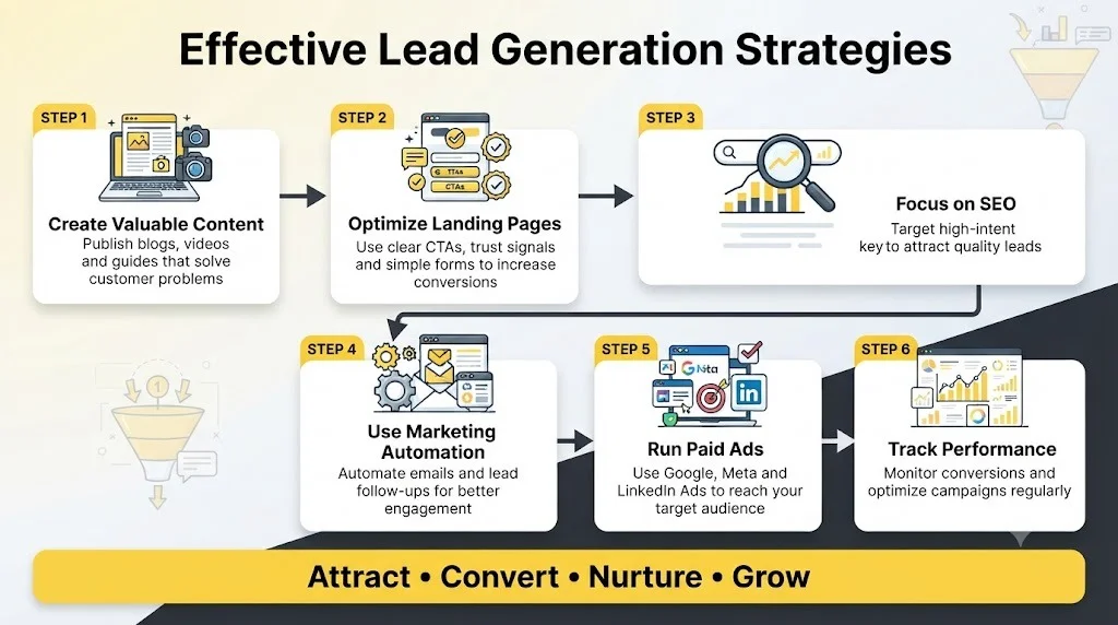 Step-by-step lead generation strategies including content creation, landing page optimization, SEO, marketing automation, paid ads, and performance tracking.