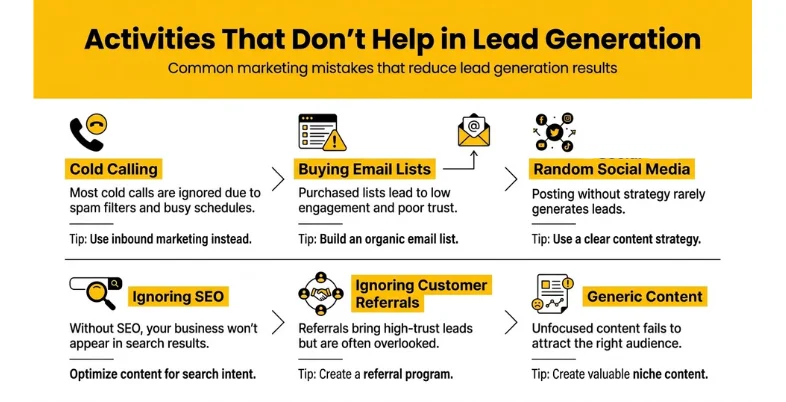 ineffective lead generation activities such as cold calling, buying email lists, random social media posting, ignoring SEO, overlooking referrals, and creating generic content.