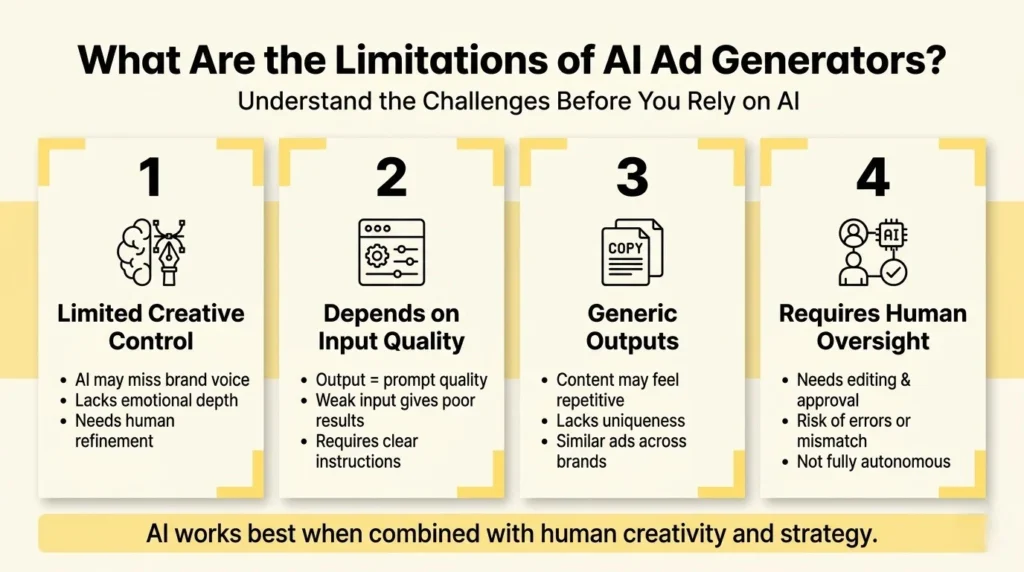 AI ad generator limitations such as limited creativity, dependency on input quality, generic outputs, and need for human oversight and editing.
