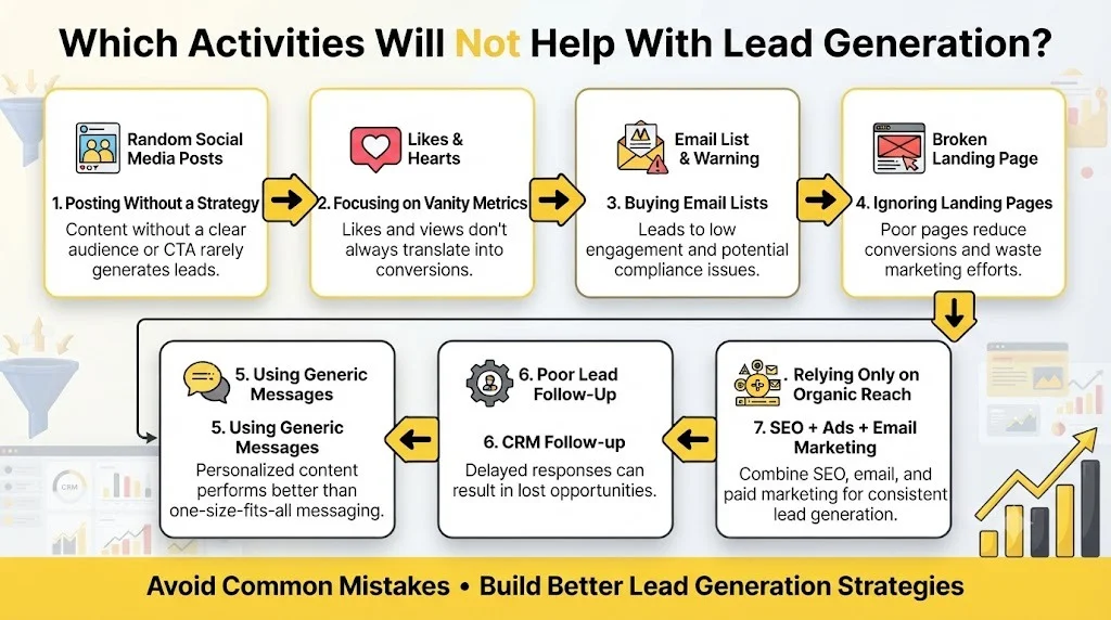Common lead generation mistakes like random posting, vanity metrics, buying email lists, poor landing pages, weak follow-up, and relying only on organic reach.