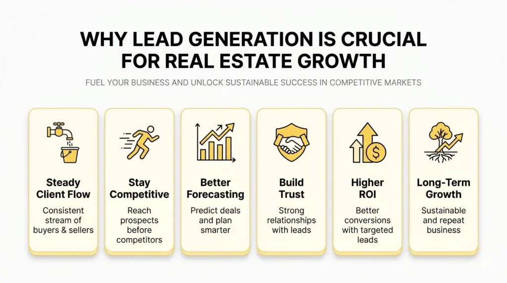 importance of lead generation in real estate including steady client flow, better forecasting, higher ROI, trust building, and long-term business growth.