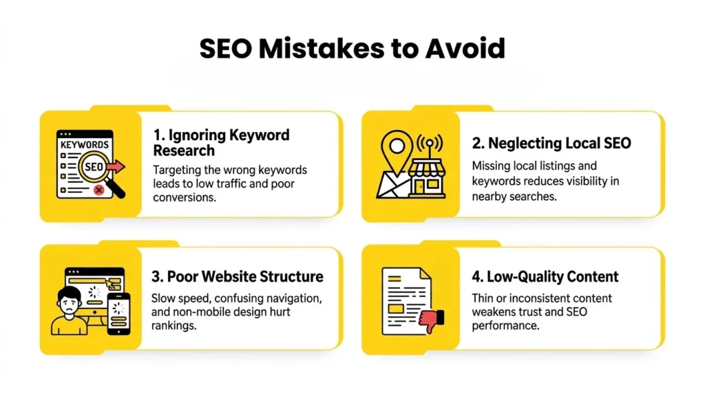 SEO mistakes to avoid highlighting issues like ignoring keyword research, neglecting local SEO, poor website structure, and low-quality content affecting rankings.