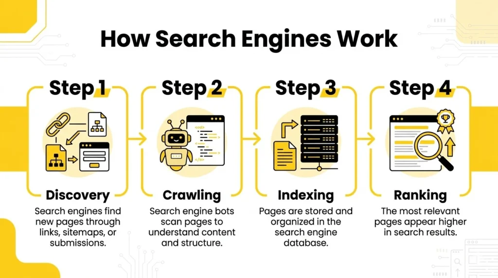 How search engines work four steps: discovery, crawling, indexing, and ranking, explaining how websites are found, analyzed, stored, and displayed in results.